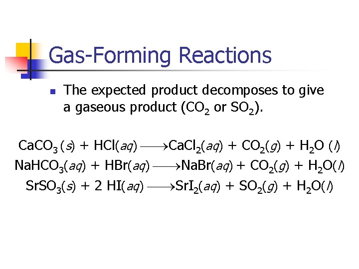 Gas-Forming Reactions n The expected product decomposes to give a gaseous product (CO 2