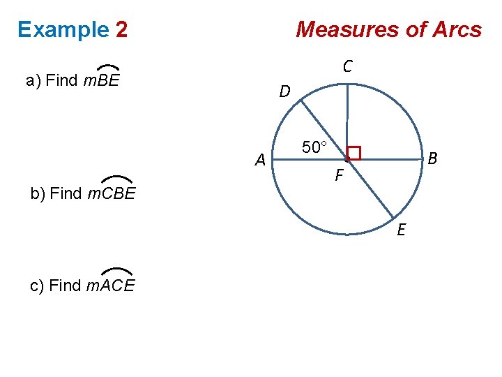 Example 2 Measures of Arcs C a) Find m. BE D A b) Find