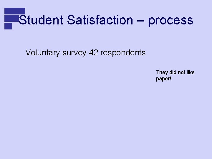 Student Satisfaction – process Voluntary survey 42 respondents They did not like paper! 