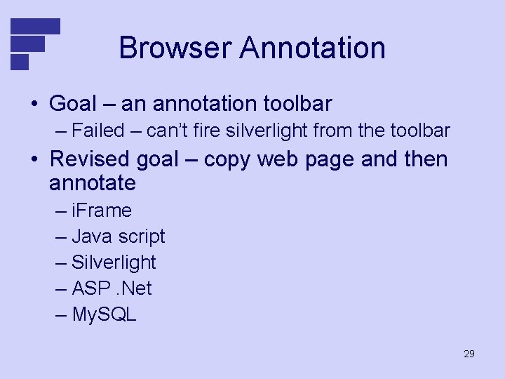 Browser Annotation • Goal – an annotation toolbar – Failed – can’t fire silverlight