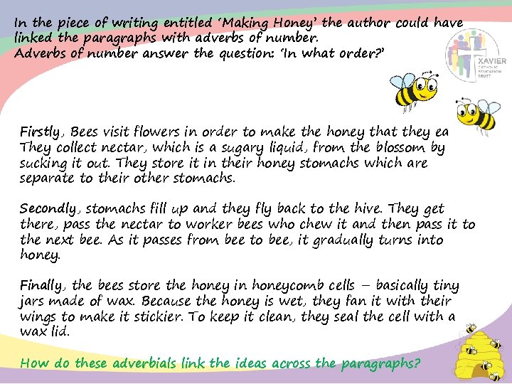 In the piece of writing entitled ‘Making Honey’ the author could have linked the