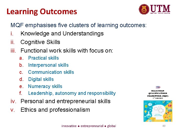 Learning Outcomes MQF emphasises five clusters of learning outcomes: i. Knowledge and Understandings ii.