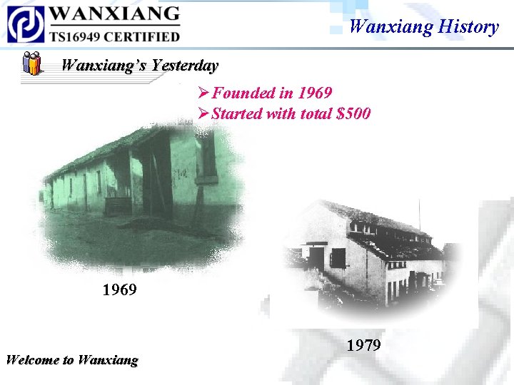 Wanxiang History Wanxiang’s Yesterday ØFounded in 1969 ØStarted with total $500 1969 Welcome to Wanxiang History Wanxiang’s Yesterday ØFounded in 1969 ØStarted with total $500 1969 Welcome to