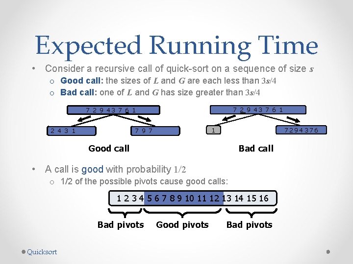 Expected Running Time • Consider a recursive call of quick-sort on a sequence of