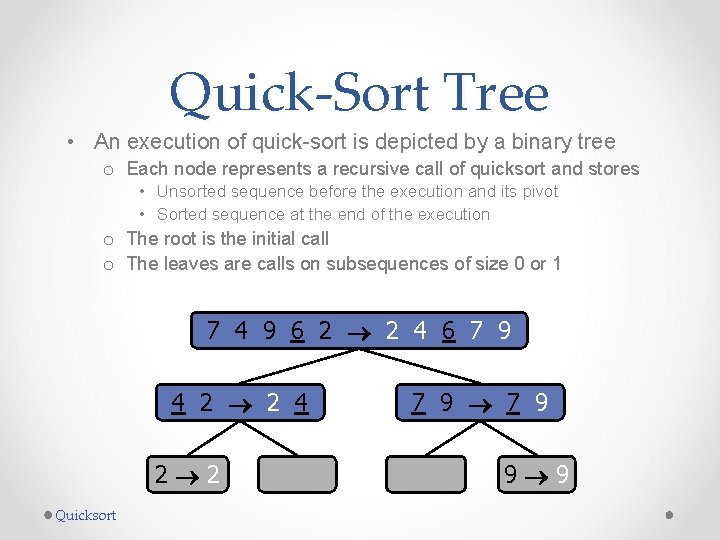 Quick-Sort Tree • An execution of quick-sort is depicted by a binary tree o