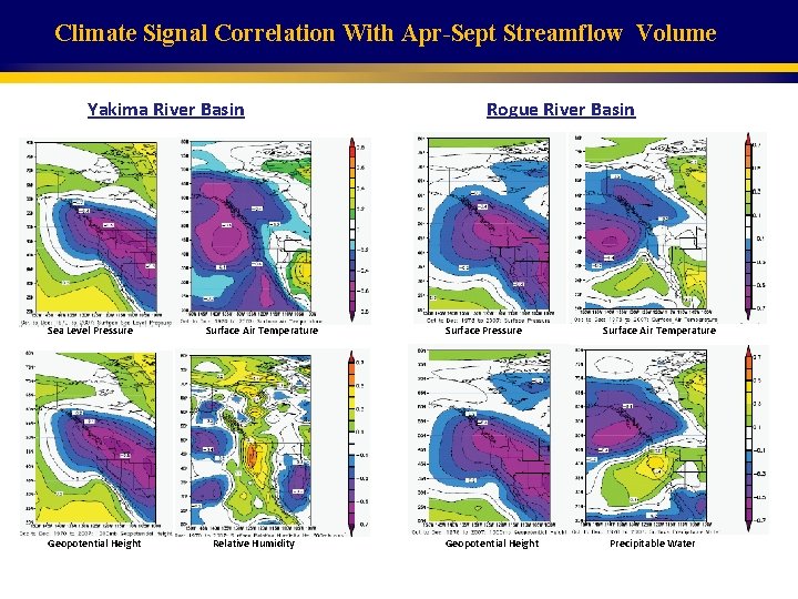 Climate Signal Correlation With Apr-Sept Streamflow Volume Yakima River Basin Sea Level Pressure Geopotential