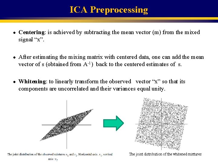 ICA Preprocessing l l l Centering: is achieved by subtracting the mean vector (m)