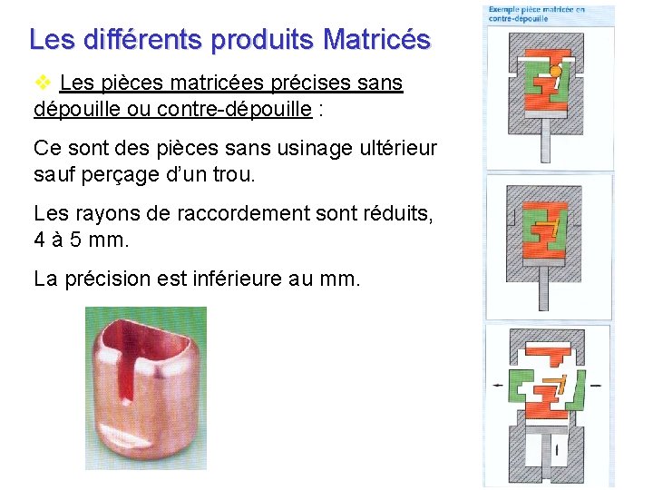 Les différents produits Matricés v Les pièces matricées précises sans dépouille ou contre-dépouille :