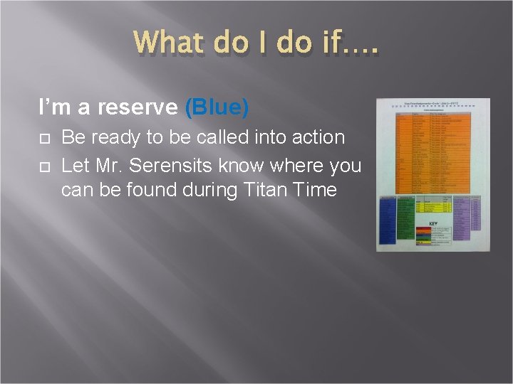 What do I do if…. I’m a reserve (Blue) Be ready to be called