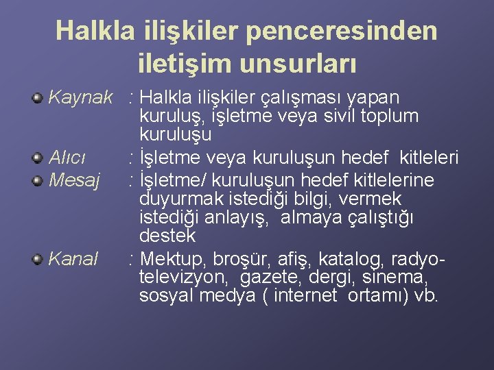 Halkla ilişkiler penceresinden iletişim unsurları Kaynak : Halkla ilişkiler çalışması yapan kuruluş, işletme veya Halkla ilişkiler penceresinden iletişim unsurları Kaynak : Halkla ilişkiler çalışması yapan kuruluş, işletme veya