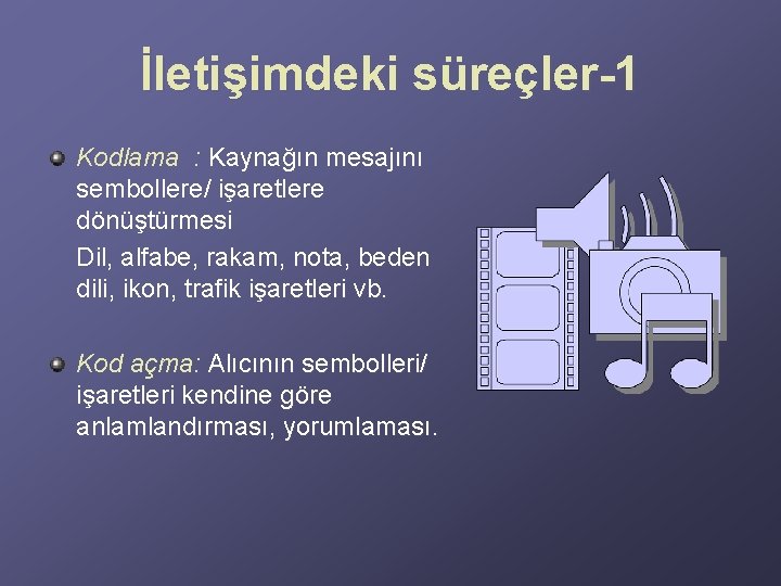 İletişimdeki süreçler-1 Kodlama : Kaynağın mesajını sembollere/ işaretlere dönüştürmesi Dil, alfabe, rakam, nota, beden İletişimdeki süreçler-1 Kodlama : Kaynağın mesajını sembollere/ işaretlere dönüştürmesi Dil, alfabe, rakam, nota, beden