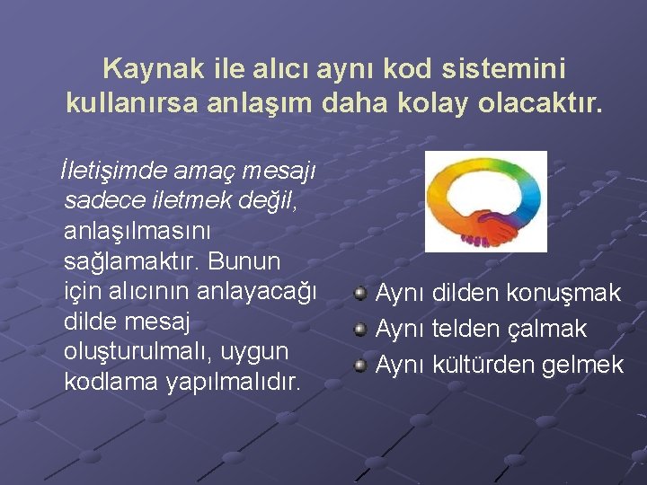 Kaynak ile alıcı aynı kod sistemini kullanırsa anlaşım daha kolay olacaktır. İletişimde amaç mesajı Kaynak ile alıcı aynı kod sistemini kullanırsa anlaşım daha kolay olacaktır. İletişimde amaç mesajı