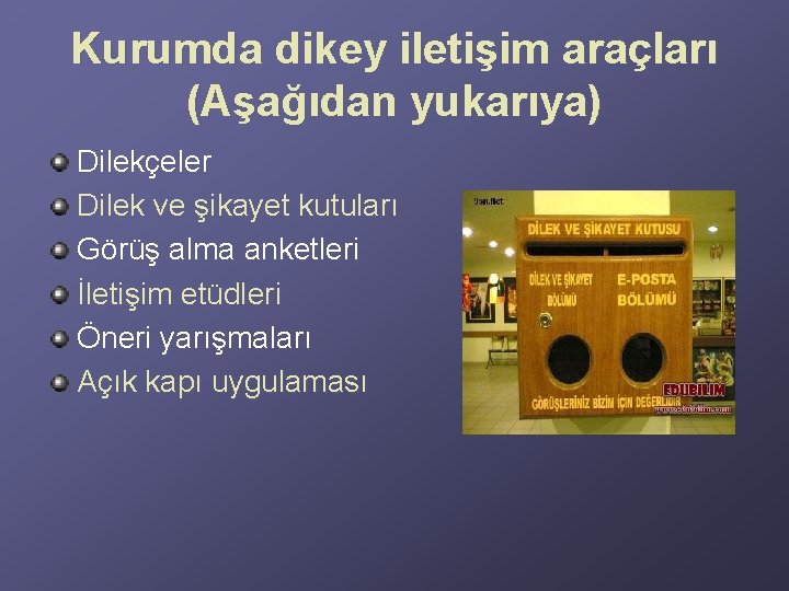 Kurumda dikey iletişim araçları (Aşağıdan yukarıya) Dilekçeler Dilek ve şikayet kutuları Görüş alma anketleri Kurumda dikey iletişim araçları (Aşağıdan yukarıya) Dilekçeler Dilek ve şikayet kutuları Görüş alma anketleri