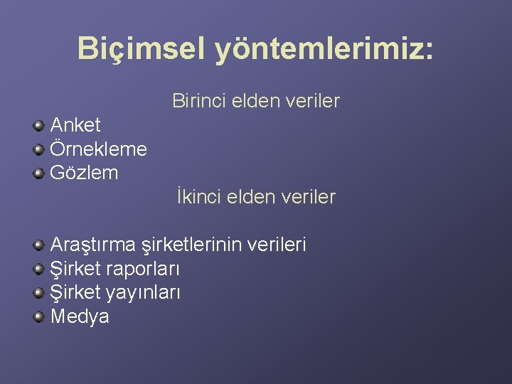 Biçimsel yöntemlerimiz: Birinci elden veriler Anket Örnekleme Gözlem İkinci elden veriler Araştırma şirketlerinin verileri Biçimsel yöntemlerimiz: Birinci elden veriler Anket Örnekleme Gözlem İkinci elden veriler Araştırma şirketlerinin verileri