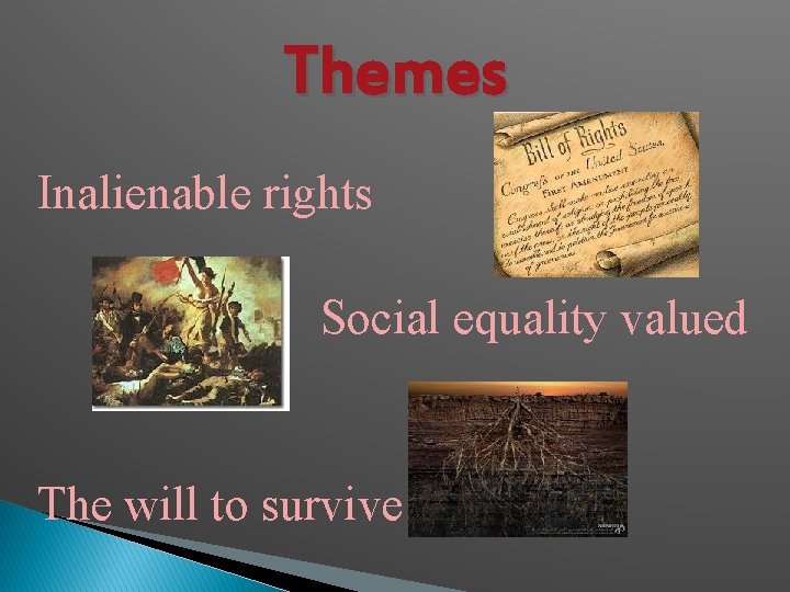 Themes Inalienable rights Social equality valued The will to survive 