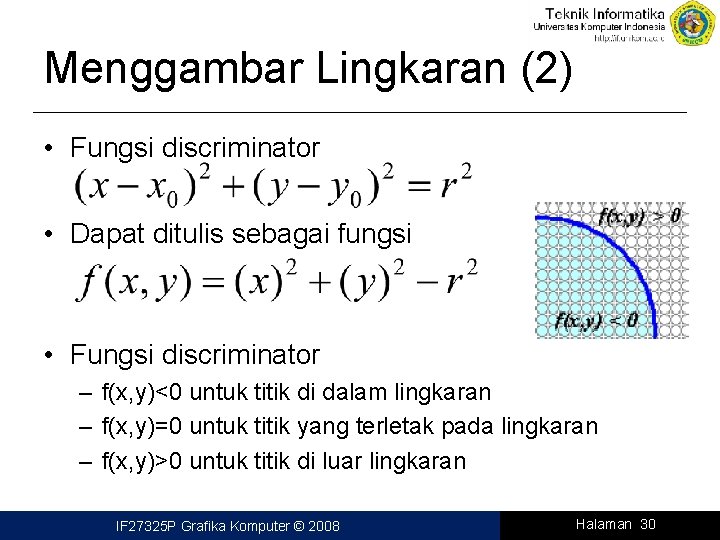 Menggambar Lingkaran (2) • Fungsi discriminator • Dapat ditulis sebagai fungsi • Fungsi discriminator