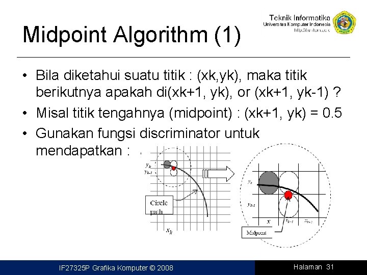 Midpoint Algorithm (1) • Bila diketahui suatu titik : (xk, yk), maka titik berikutnya