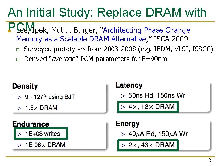 An Initial Study: Replace DRAM with PCM n Lee, Ipek, Mutlu, Burger, “Architecting Phase