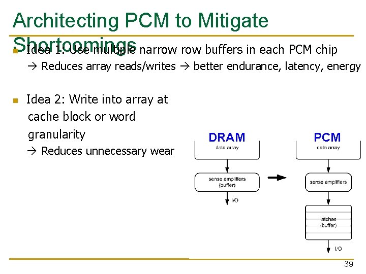 Architecting PCM to Mitigate Shortcomings n Idea 1: Use multiple narrow buffers in each