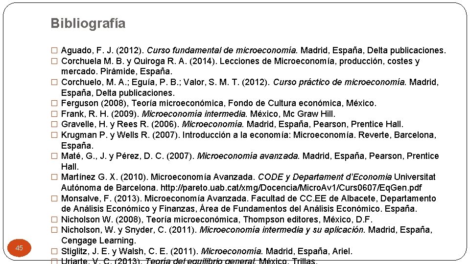 Bibliografía � Aguado, F. J. (2012). Curso fundamental de microeconomía. Madrid, España, Delta publicaciones.