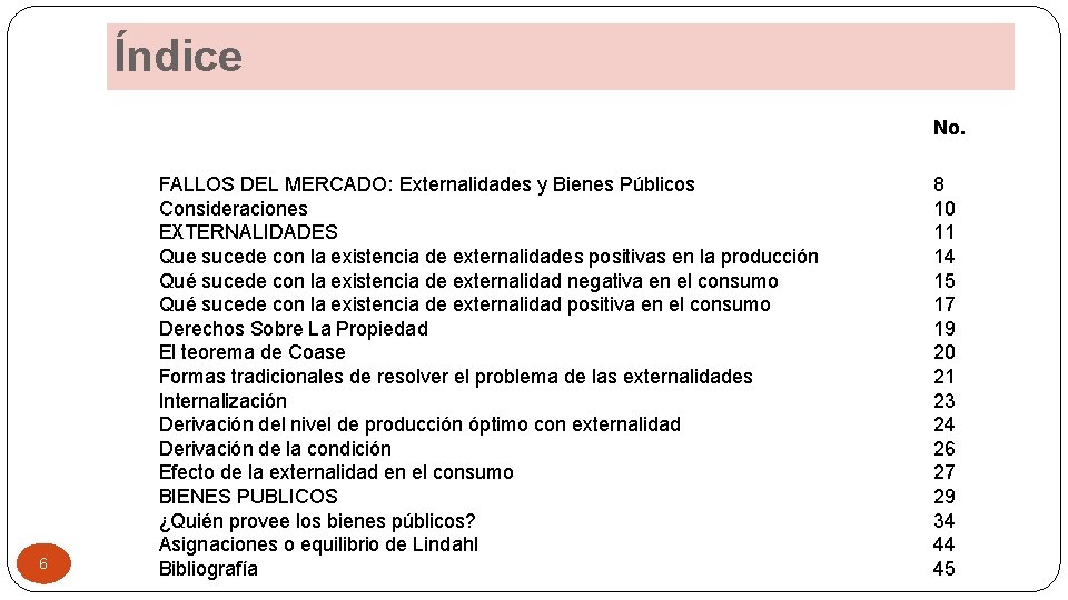 Índice No. 6 FALLOS DEL MERCADO: Externalidades y Bienes Públicos Consideraciones EXTERNALIDADES Que sucede