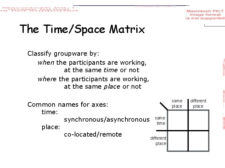 The Time/Space Matrix Classify groupware by: when the participants are working, at the same