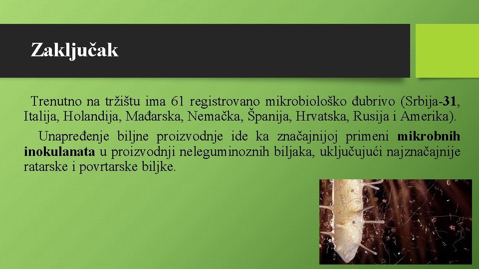 Zaključak Trenutno na tržištu ima 61 registrovano mikrobiološko đubrivo (Srbija-31, Italija, Holandija, Mađarska, Nemačka,