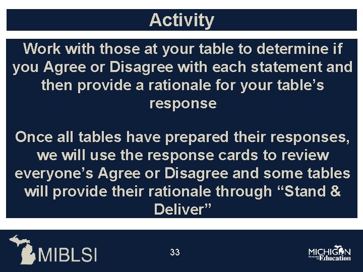 Activity Work with those at your table to determine if you Agree or Disagree