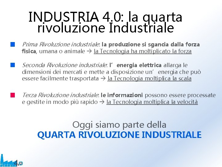 INDUSTRIA 4. 0: la quarta rivoluzione Industriale Prima Rivoluzione industriale: la produzione si sgancia