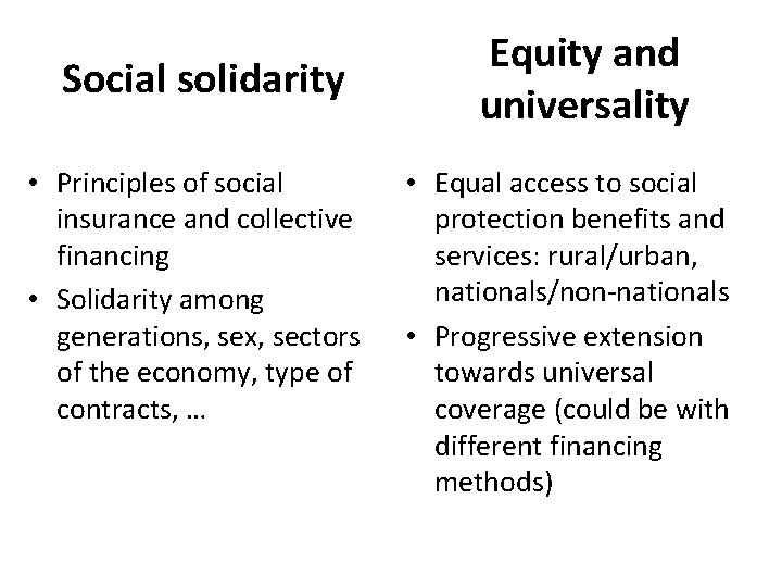 Social solidarity • Principles of social insurance and collective financing • Solidarity among generations,
