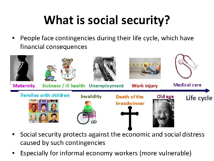 What is social security? • People face contingencies during their life cycle, which have