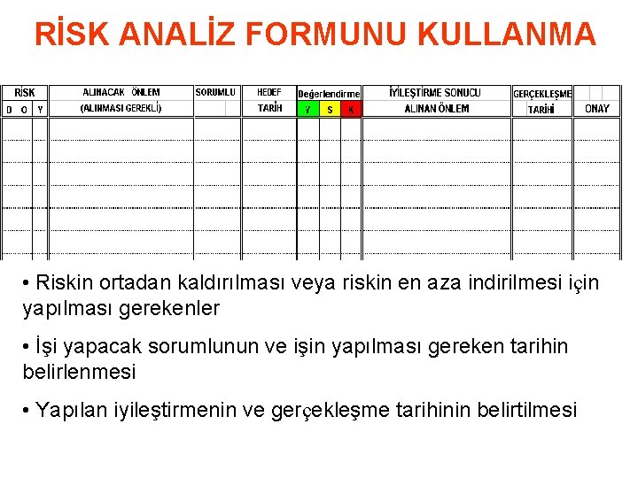 RİSK ANALİZ FORMUNU KULLANMA • Riskin ortadan kaldırılması veya riskin en aza indirilmesi için