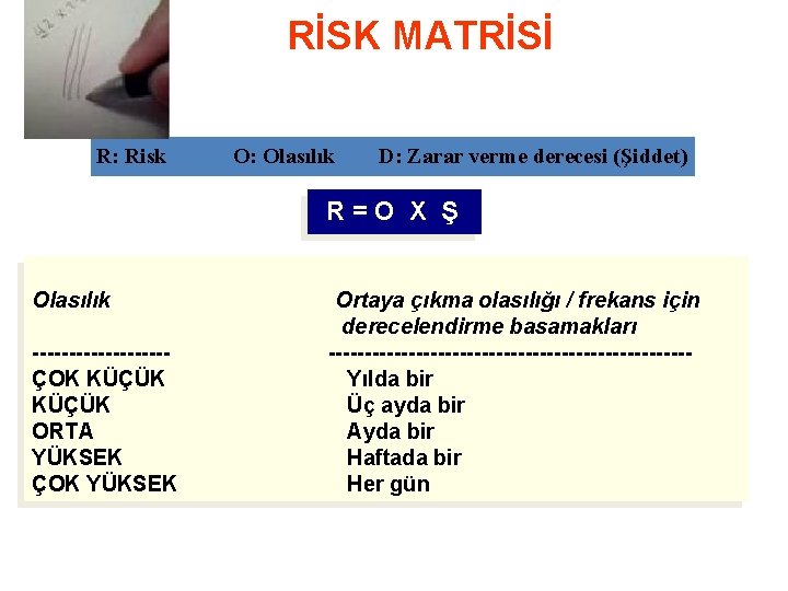 RİSK MATRİSİ R: Risk O: Olasılık D: Zarar verme derecesi (Şiddet) R=O X Ş