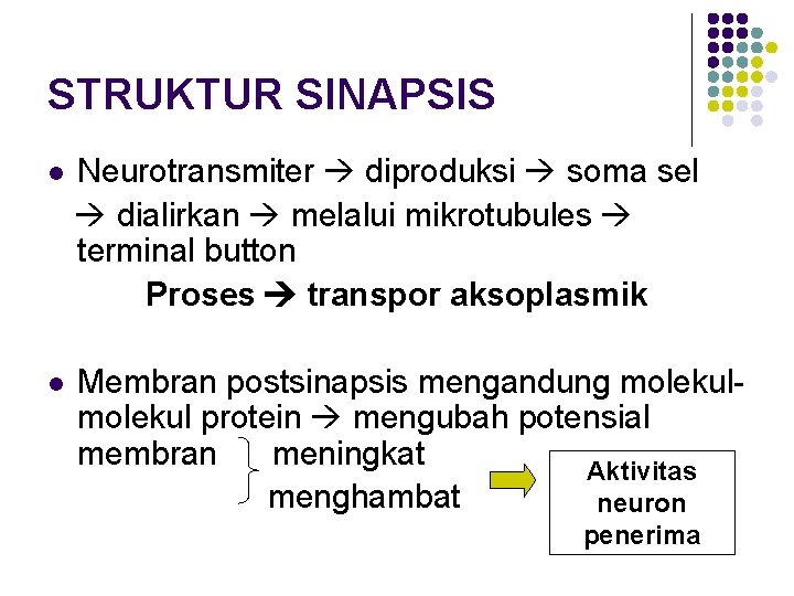 STRUKTUR SINAPSIS l Neurotransmiter diproduksi soma sel dialirkan melalui mikrotubules terminal button Proses transpor