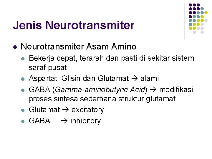Jenis Neurotransmiter l Neurotransmiter Asam Amino l l l Bekerja cepat, terarah dan pasti