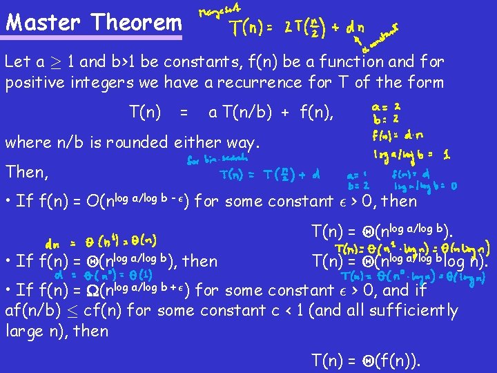 Master Theorem Let a ¸ 1 and b>1 be constants, f(n) be a function