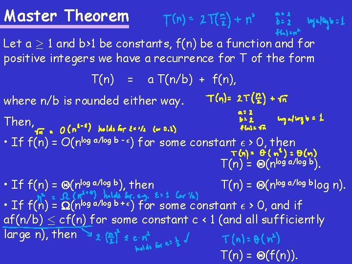 Master Theorem Let a ¸ 1 and b>1 be constants, f(n) be a function