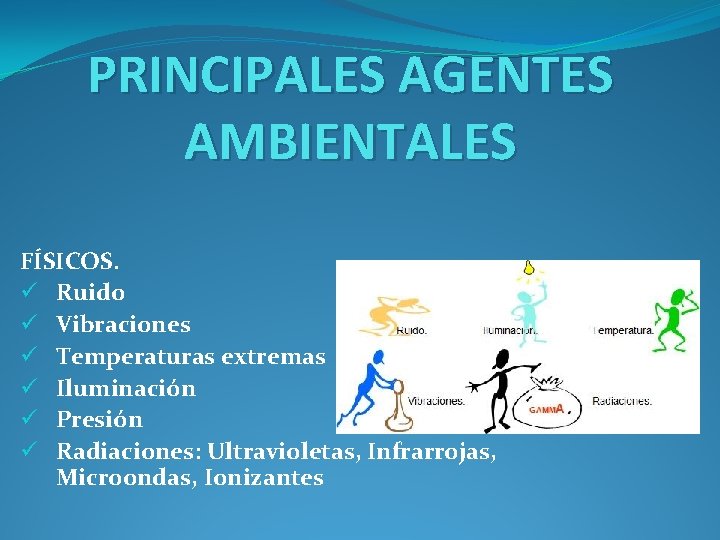 PRINCIPALES AGENTES AMBIENTALES FÍSICOS. ü Ruido ü Vibraciones ü Temperaturas extremas ü Iluminación ü