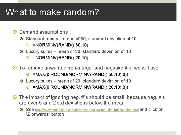 What to make random? Demand assumptions Standard rooms – mean of 50, standard deviation