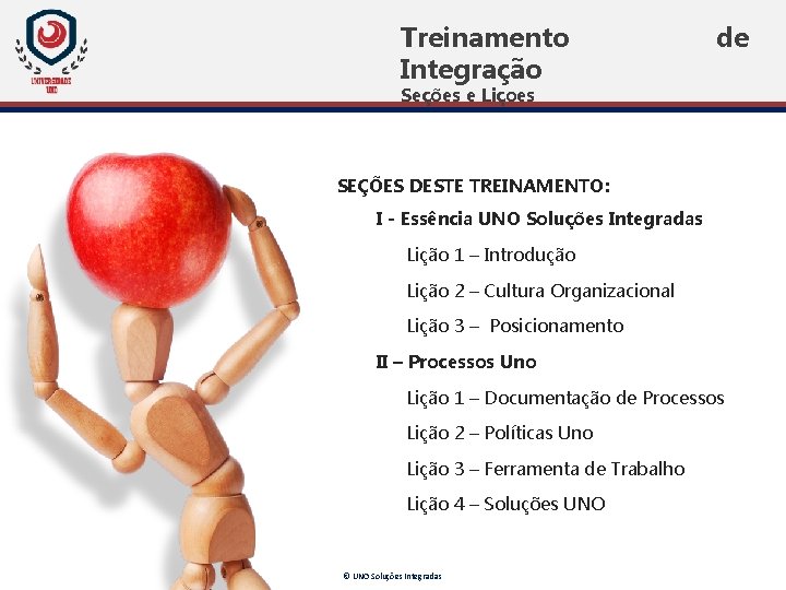Treinamento Integração de Seções e Liçoes SEÇÕES DESTE TREINAMENTO: I - Essência UNO Soluções Treinamento Integração de Seções e Liçoes SEÇÕES DESTE TREINAMENTO: I - Essência UNO Soluções