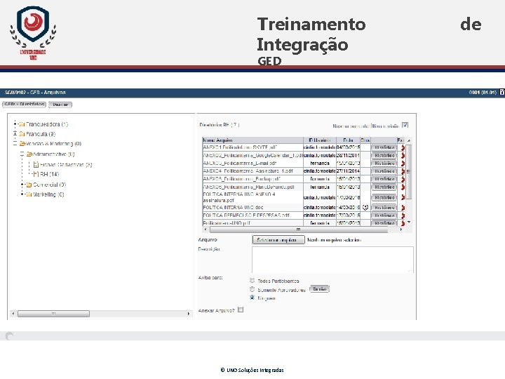 Treinamento Integração GED © UNO Soluções Integradas de Treinamento Integração GED © UNO Soluções Integradas de