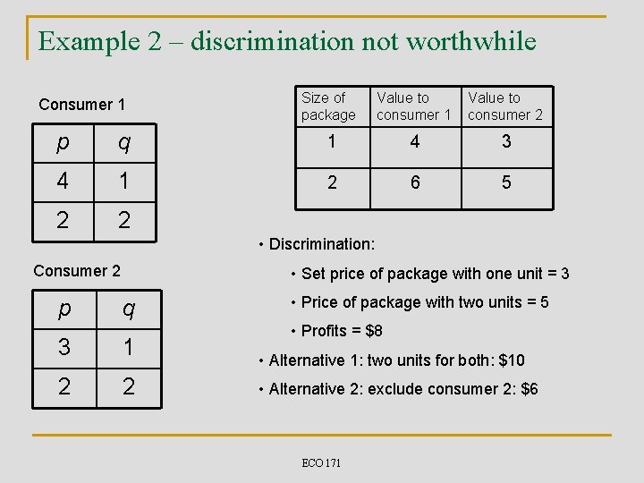 Example 2 – discrimination not worthwhile Consumer 1 Size of package Value to consumer