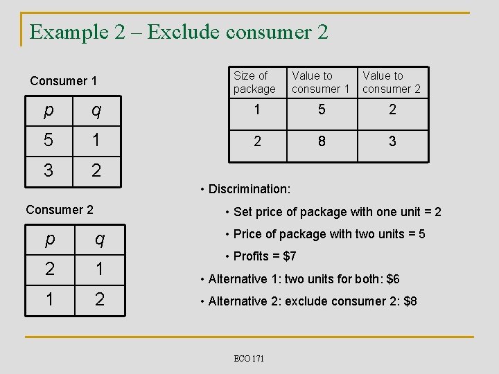 Example 2 – Exclude consumer 2 Consumer 1 Size of package Value to consumer