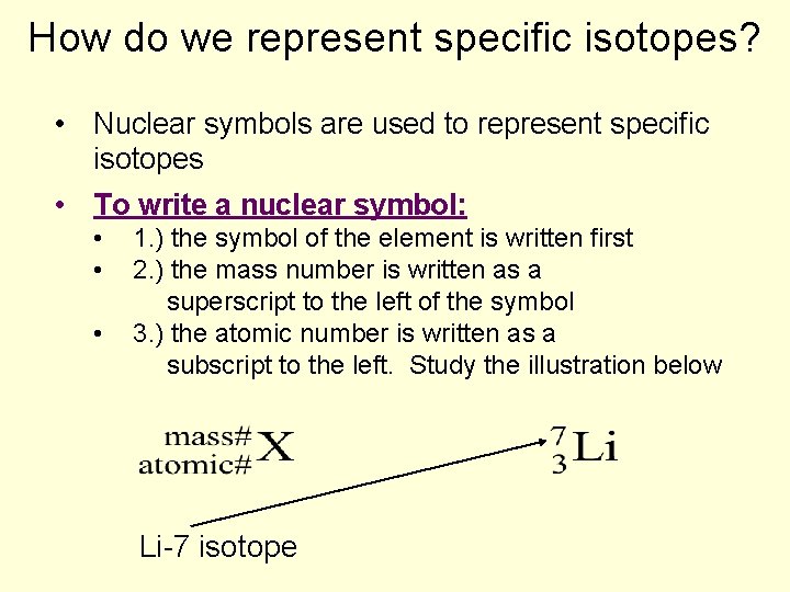 How do we represent specific isotopes? • Nuclear symbols are used to represent specific