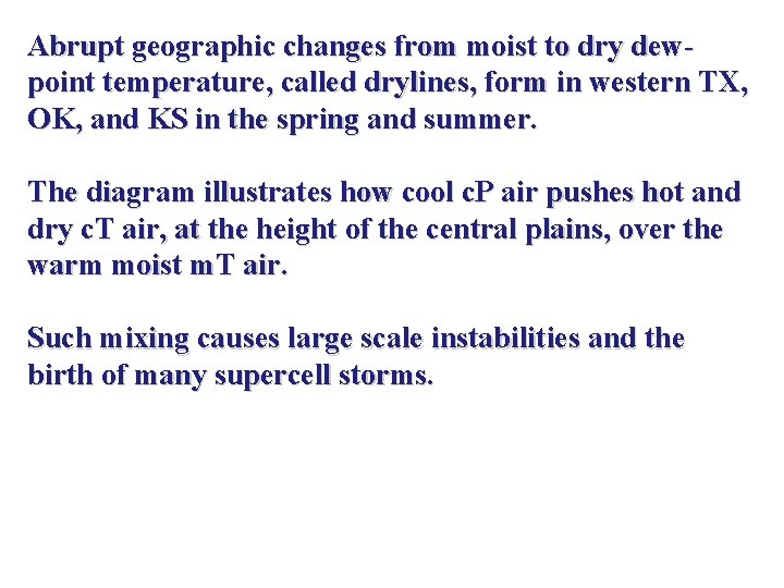 Abrupt geographic changes from moist to dry dewpoint temperature, called drylines, form in western Abrupt geographic changes from moist to dry dewpoint temperature, called drylines, form in western