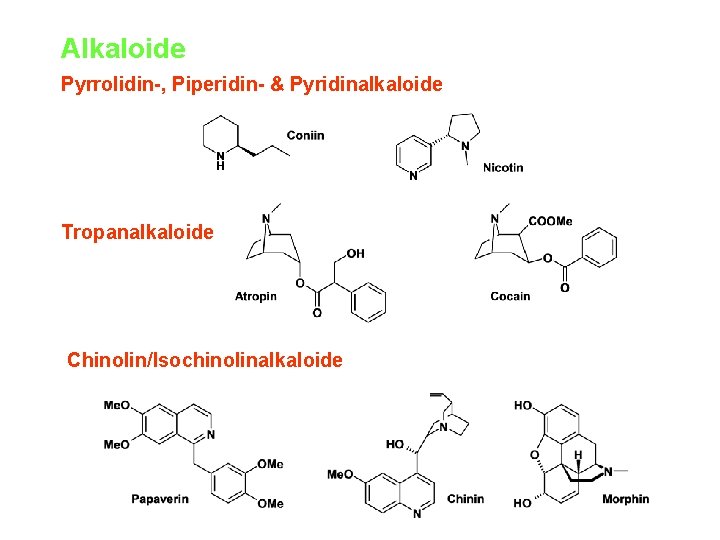 Alkaloide Pyrrolidin-, Piperidin- & Pyridinalkaloide Tropanalkaloide Chinolin/Isochinolinalkaloide 