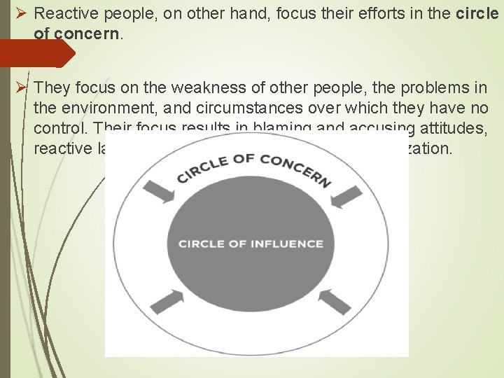 Ø Reactive people, on other hand, focus their efforts in the circle of concern.