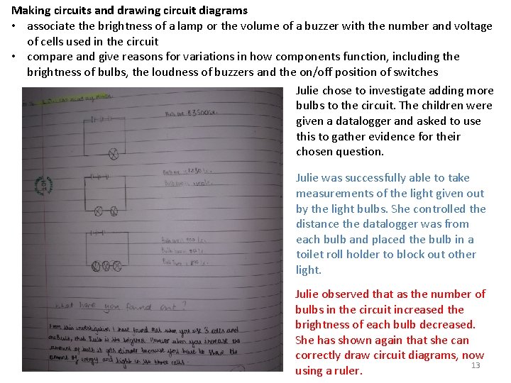Making circuits and drawing circuit diagrams • associate the brightness of a lamp or