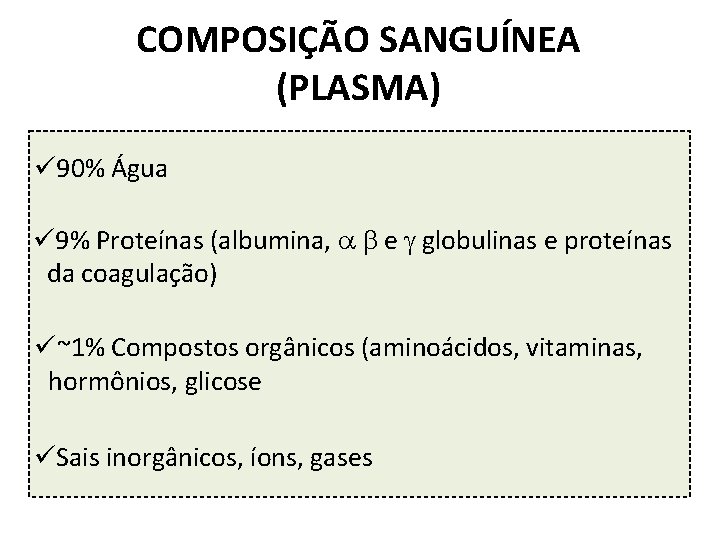 COMPOSIÇÃO SANGUÍNEA (PLASMA) ü 90% Água ü 9% Proteínas (albumina, e globulinas e proteínas