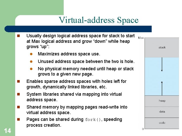 Virtual-address Space n 14 Usually design logical address space for stack to start at